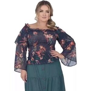 Standards & Practices Tropical Mist Blue 1x Smocked Blouse Long Sleeve NWT